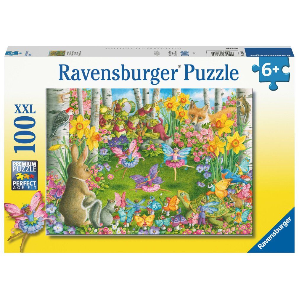 Scatola puzzle Ravensburger. Immagine con fate, animali e fiori. Contiene 100 pezzi. Adatto a bambini dai 6 anni in su.