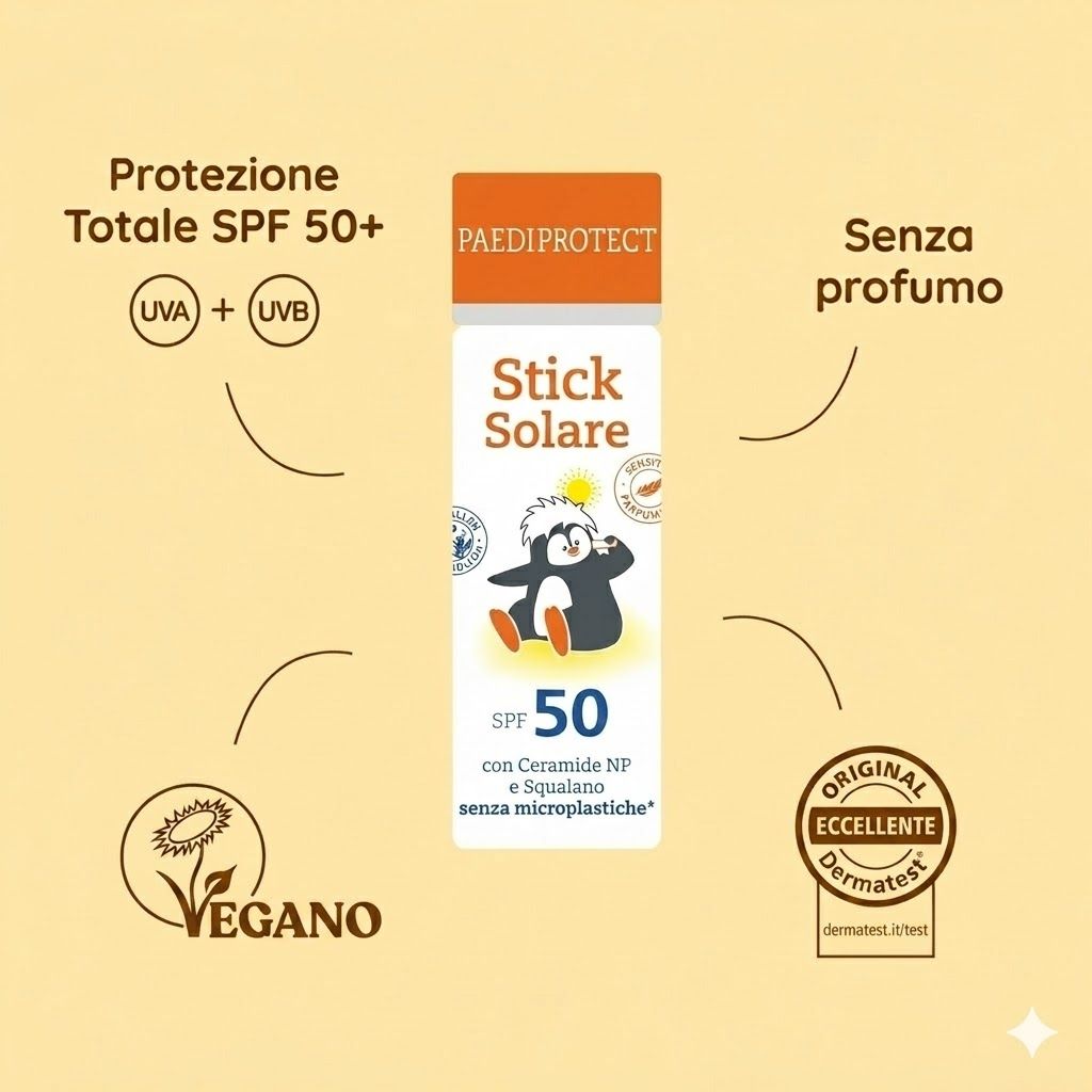 Stick solare con motivo pinguino. LSF 50. Sigillo Vegan. Senza profumo. Sigillo Dermatest. Protezione UVA/UVB.