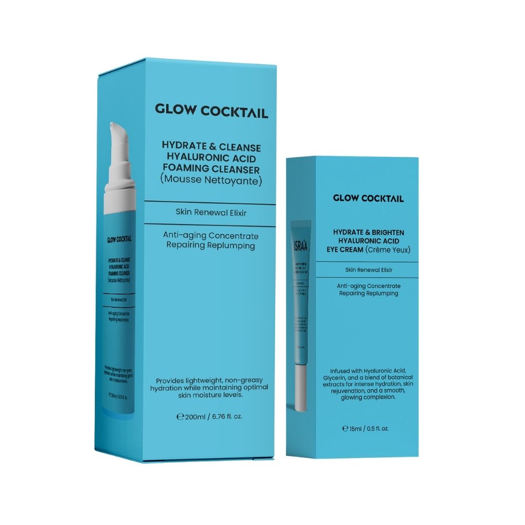 Due confezioni blu Glow Cocktail. A sinistra, detergente. A destra, crema occhi. Testo in inglese e francese.