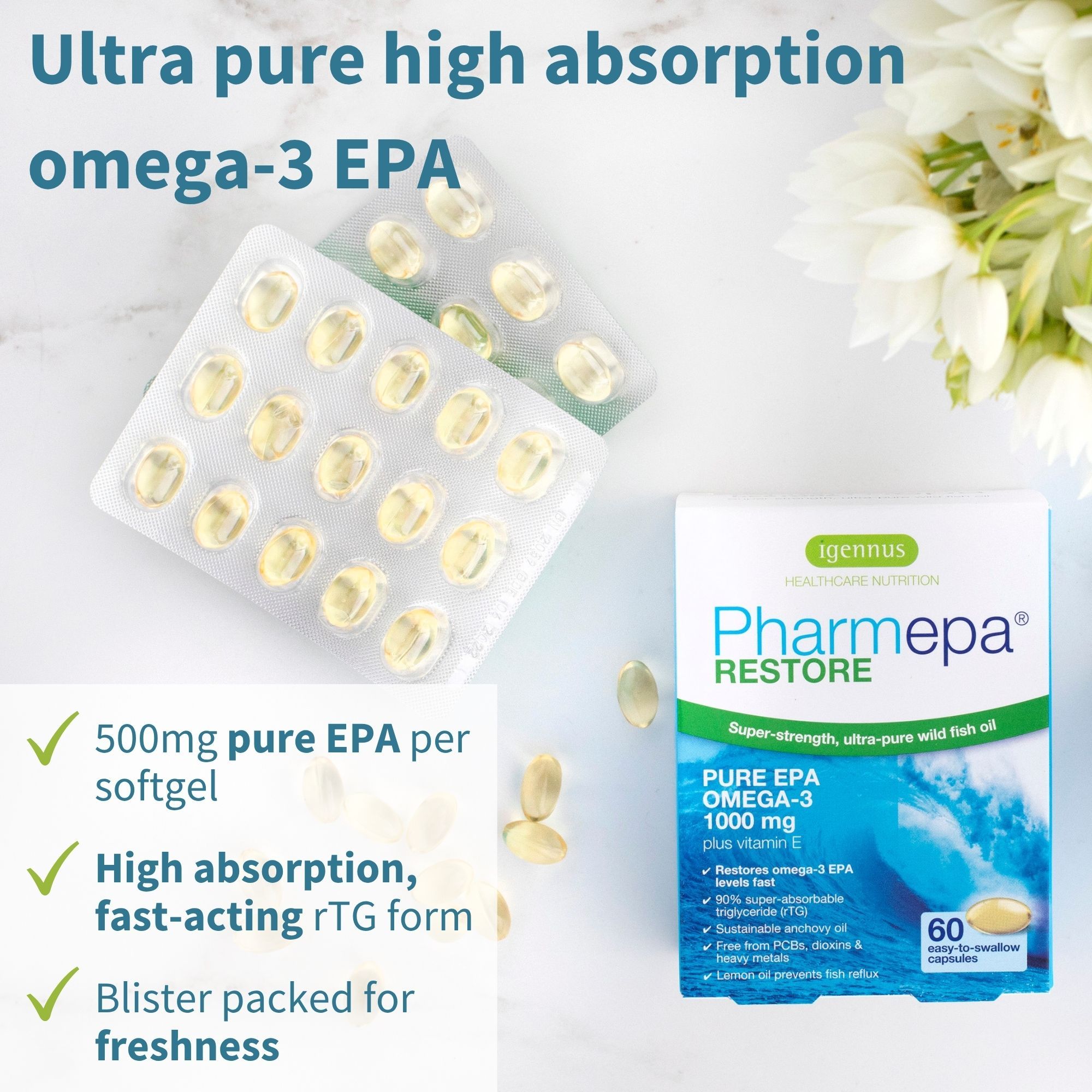 Igennus PharmEPA RESTORE Omega-3: Blister di softgel e scatola del prodotto.
