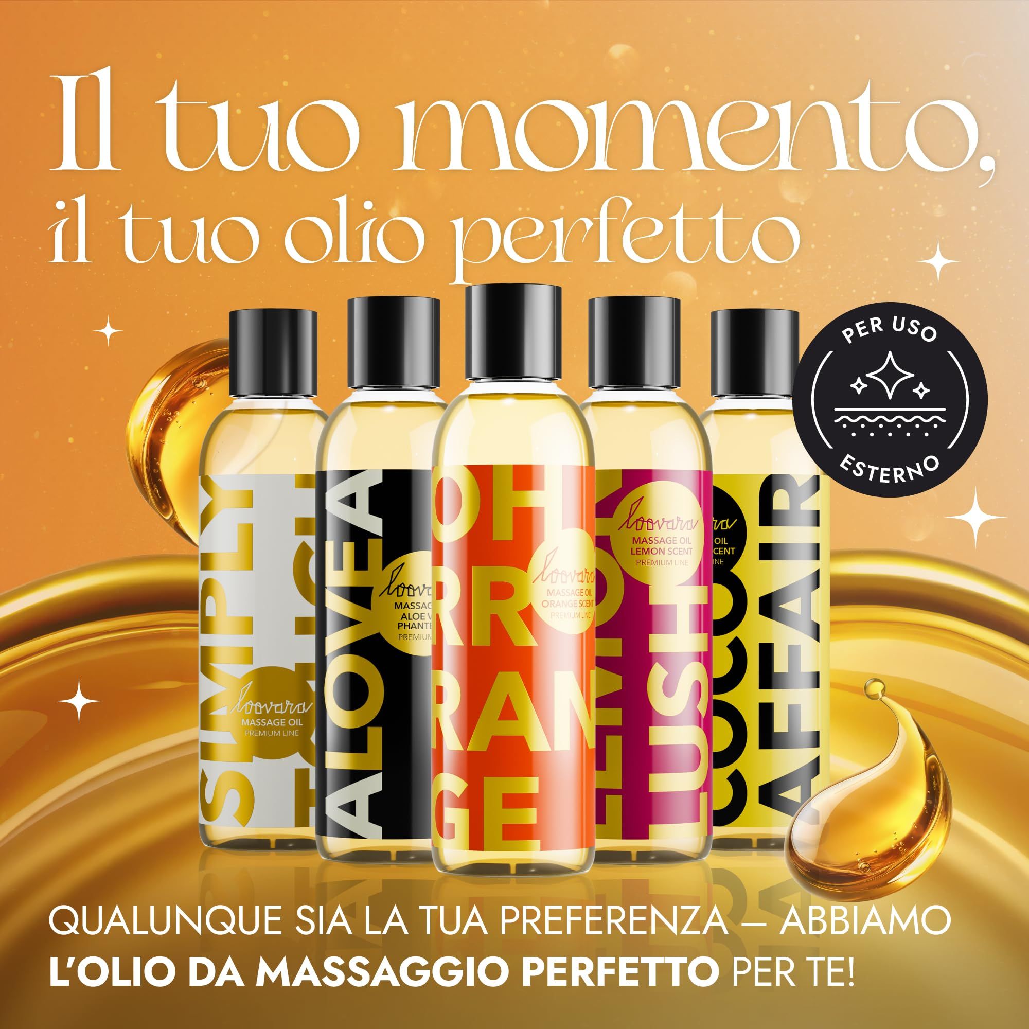 Cinque flaconi di olio da massaggio Loovara di diversi colori e scritte.