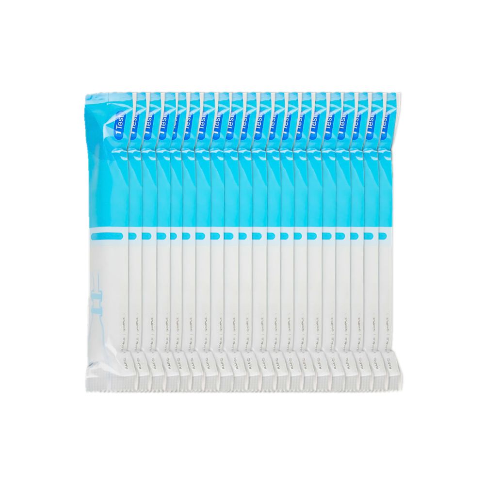 Confezione con più strisce reattive. Imballaggio blu e bianco. Strisce reattive confezionate singolarmente.