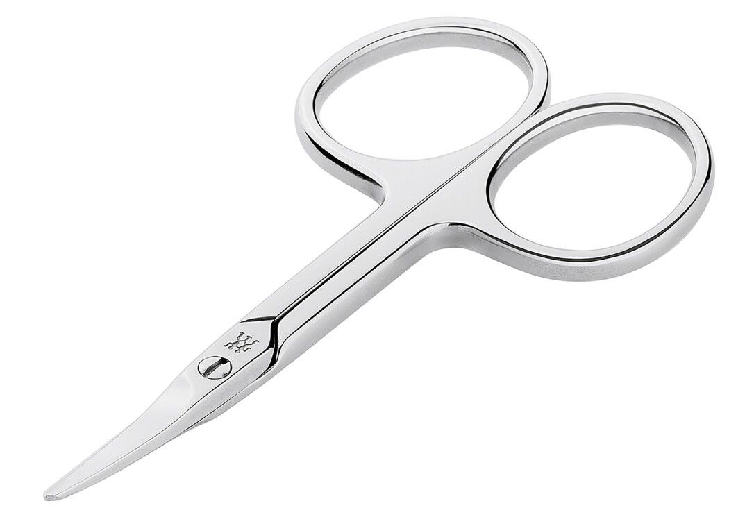 Forbicine per unghie per neonati lucidate in acciaio inox, lame curve e punta arrotondata.
