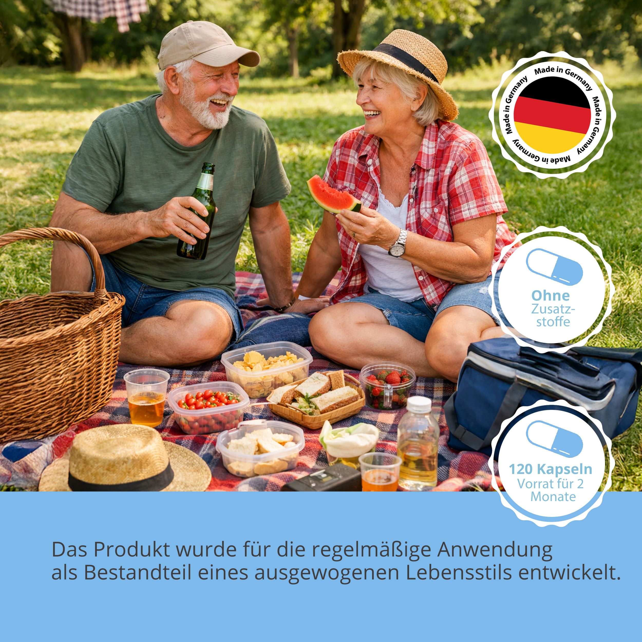 Coppia anziana al picnic. Testo: Senza additivi, 120 capsule, Made in Germany. Cesto, coperta, cibo.
