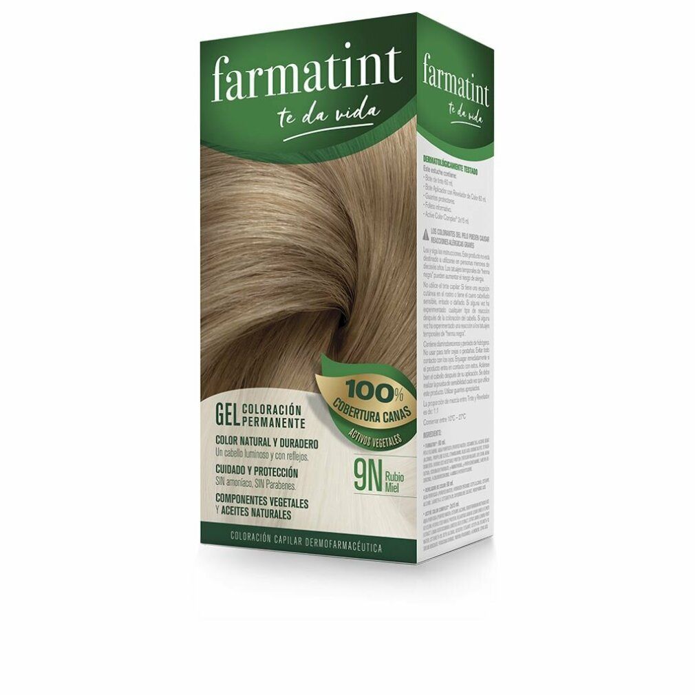 Scatola Farmatint 9N Rubio Miel. Immagine di capelli biondo miele. Testo: Copertura 100% dei capelli bianchi.