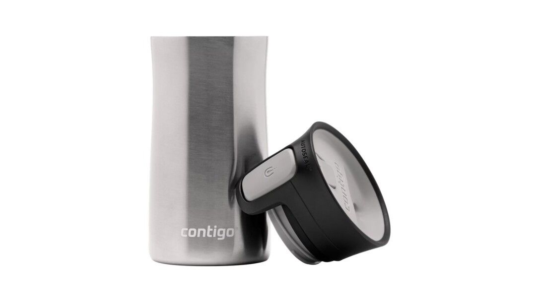 Bicchiere termico in acciaio inox con coperchio rimosso. Coperchio nero con pulsante grigio. Logo "Contigo" visibile.