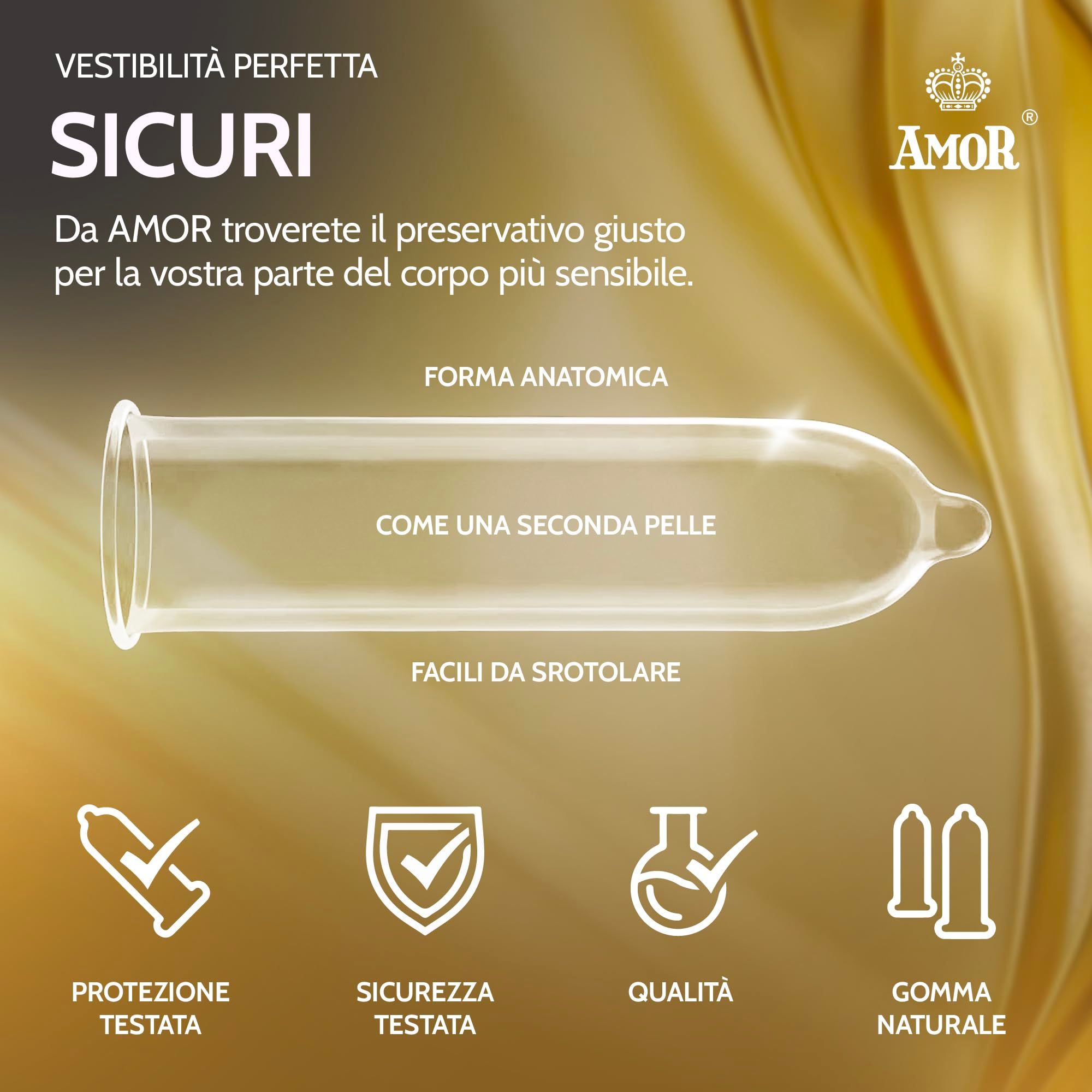 Un singolo preservativo Amor, forma anatomica, in lattice di gomma naturale.