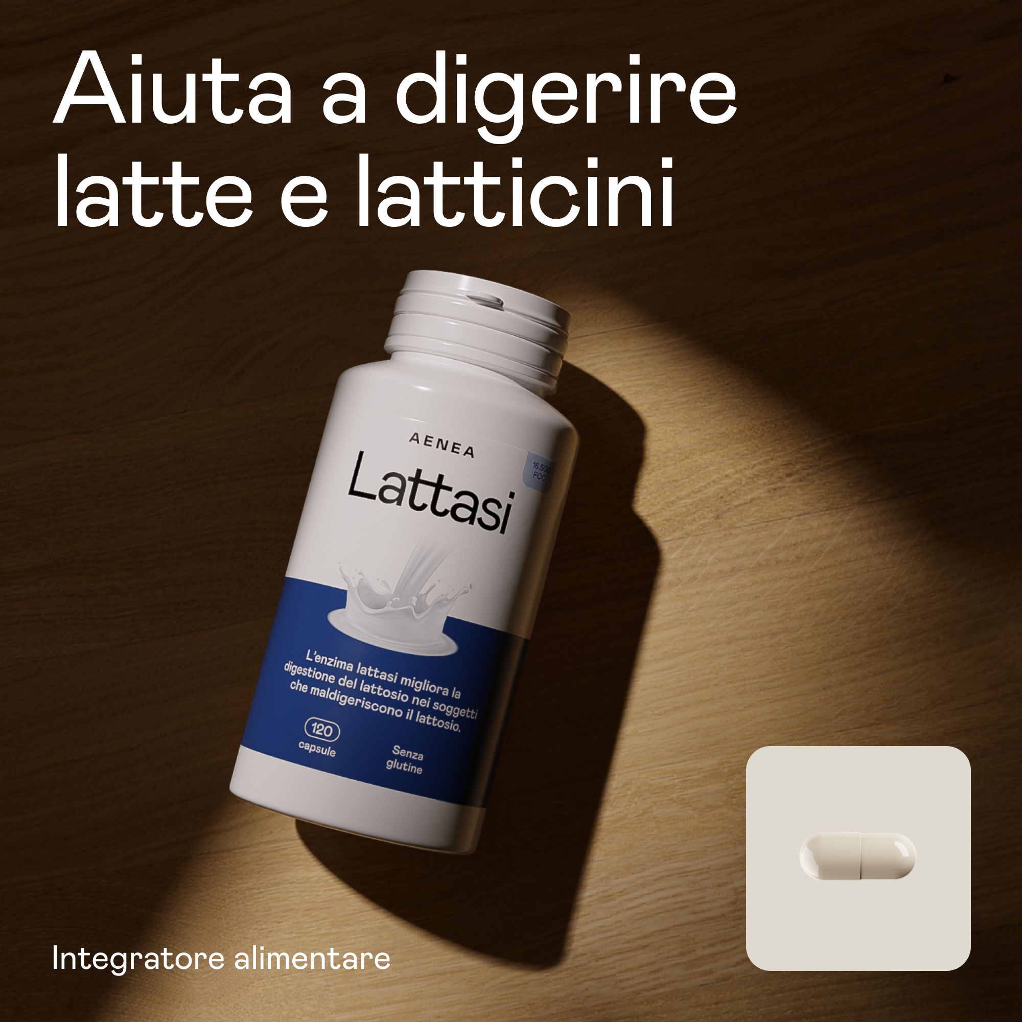 Flacone bianco con fascia blu. Scritta: Aenea Lattasi 120. Elementi aggiuntivi: capsula.