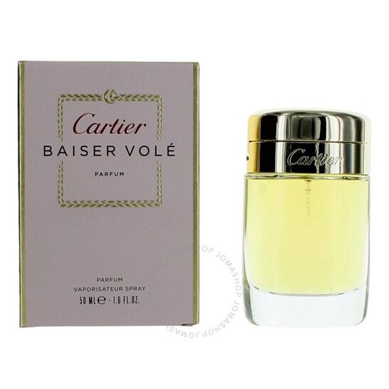 Cartier Baiser Volé Parfum Spray. Flacone con tappo argentato, liquido giallo. Confezione rettangolare con logo e scritta.