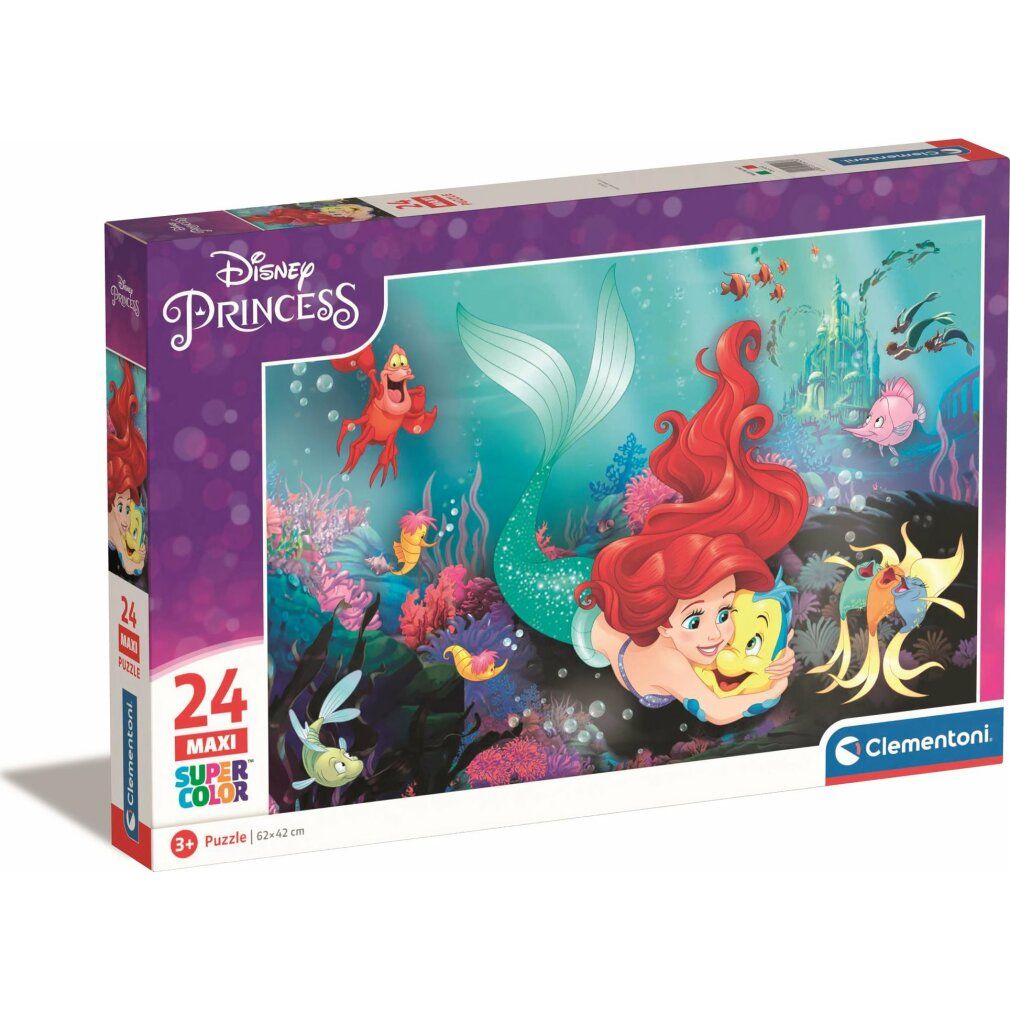 Scatola puzzle con Ariel. 24 pezzi, formato maxi. Logo Disney Princess. Logo Clementoni.
