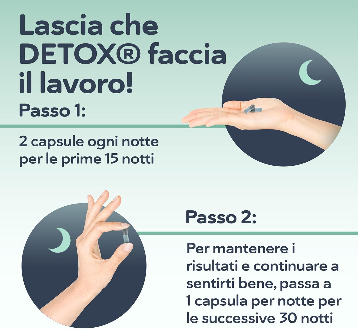 Passo 1: 2 capsule ogni notte. Passo 2: 1 capsula per notte. Mano che tiene capsule alla luce della luna.