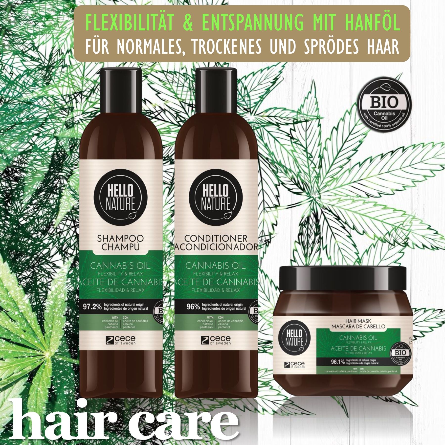 Due bottiglie di shampoo, un balsamo e una maschera per capelli Hello Nature. Sigillo biologico. Foglia di cannabis.