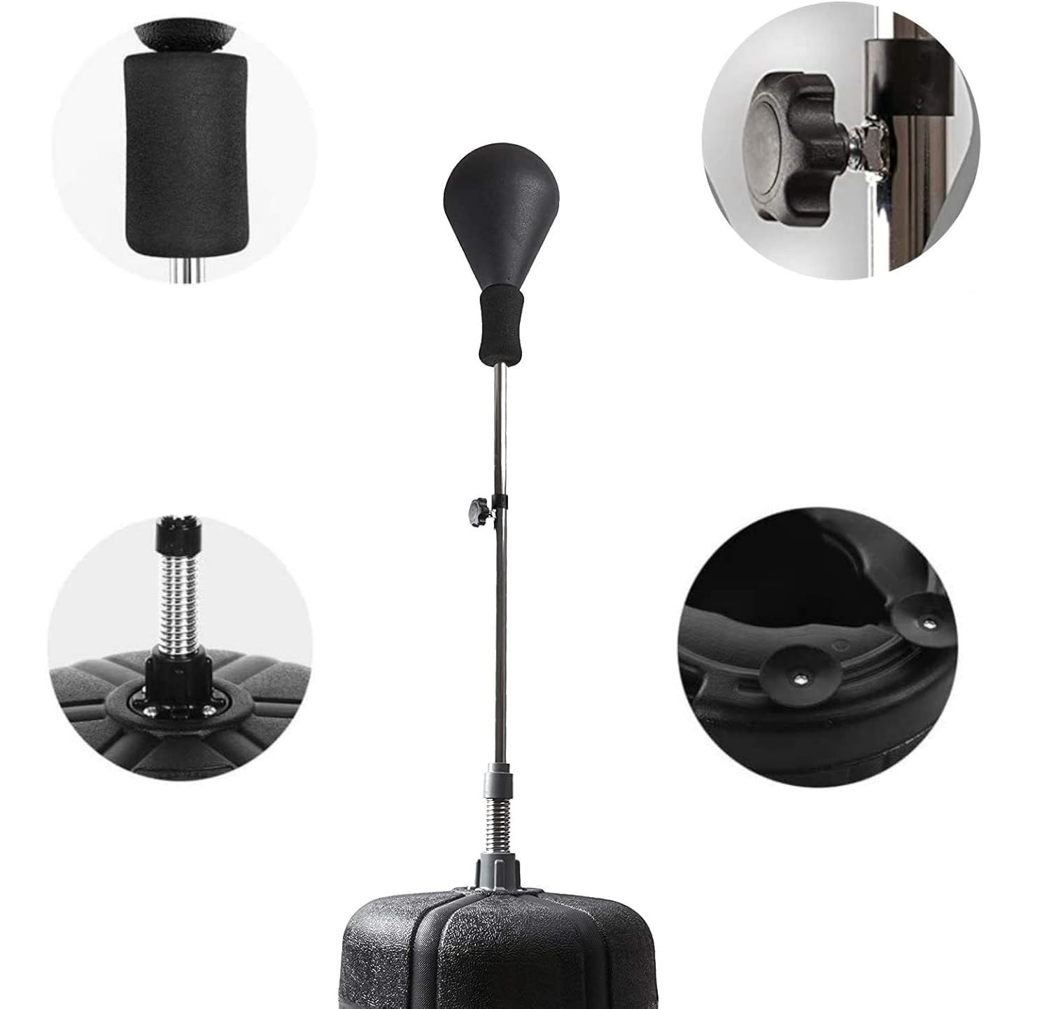 Sacco da boxe con base. Il sacco ha una forma a pera ed è fissato a un'asta. Viste dettagliate dei componenti.