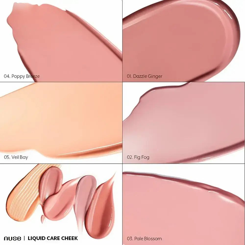 Sei campioni colore di NUSE Liquid Care Cheek. Colori: Poppy Breeze, Dazzle Ginger, Veil Bay, Fig Fog, Pale Blossom. Nome del prodotto in basso.