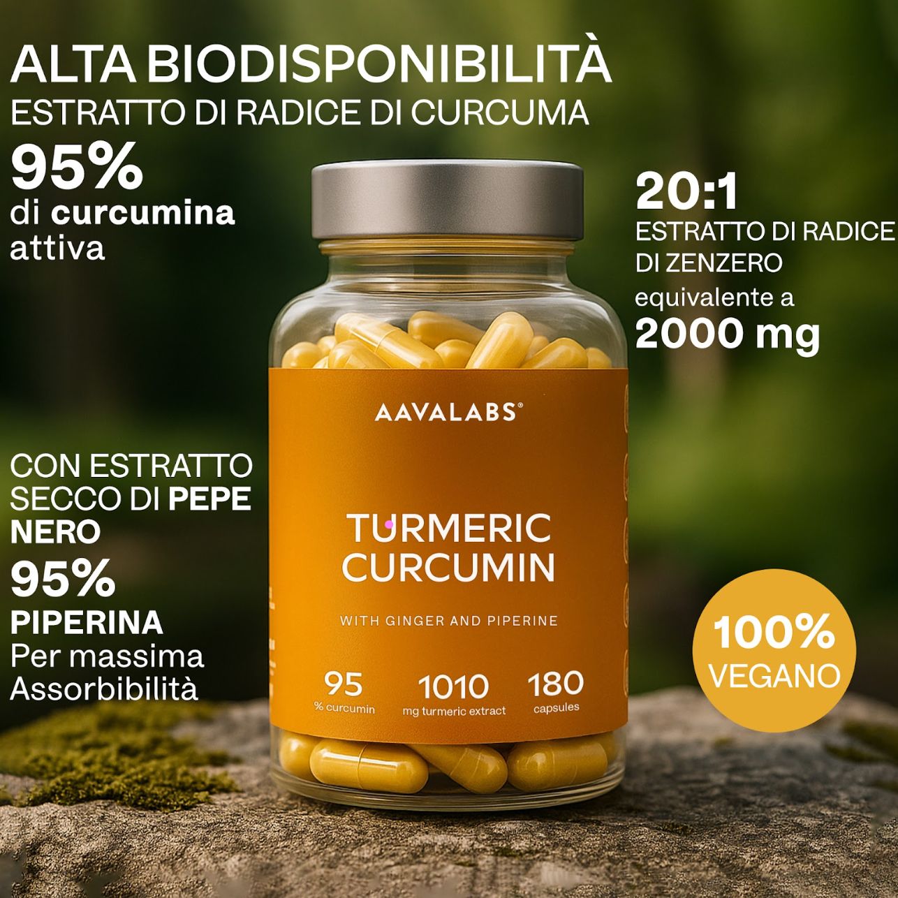 Flacone di capsule. Scritta: Turmeric Curcumin, zenzero e piperina. Marchio AAVALABS. 180 capsule. Vegano.