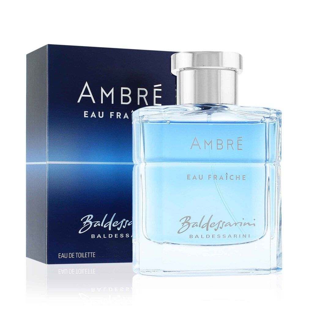Flacone e confezione. Flacone con liquido blu, tappo argentato. Confezione con scritta "AMBRE Eau Fraiche".