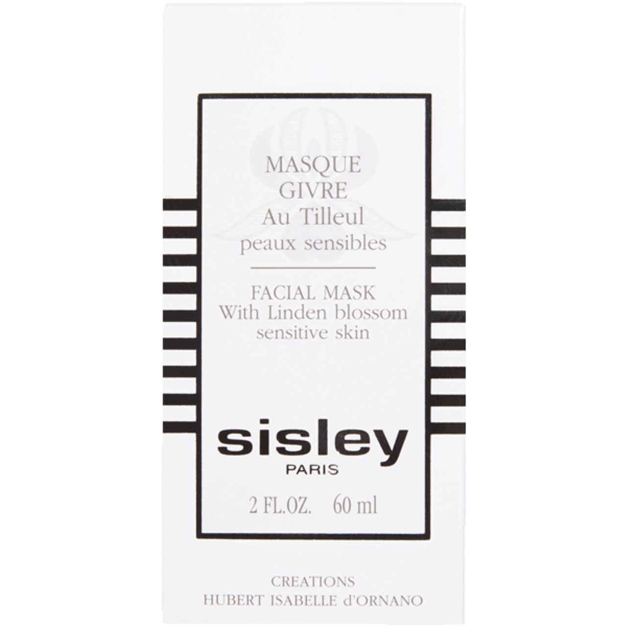 Confezione bianca con testo nero. Contiene Sisley Masque Givre au Tilleul. Testo: Facial Mask with Linden blossom sensitive skin. 2 FL.OZ. 60 ml.