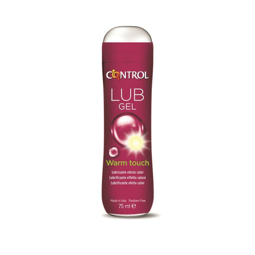 Flacone cilindrico "CONTROL LUB GEL". Testo: "Warm touch". Colore: viola. Tappo bianco. 75 ml.