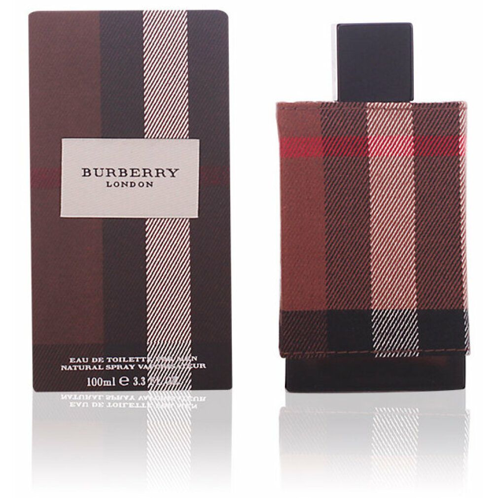 Burberry London Eau de Toilette Spray con confezione. Flacone e scatola con motivo a quadri. Testo: Burberry London, Eau de Toilette.