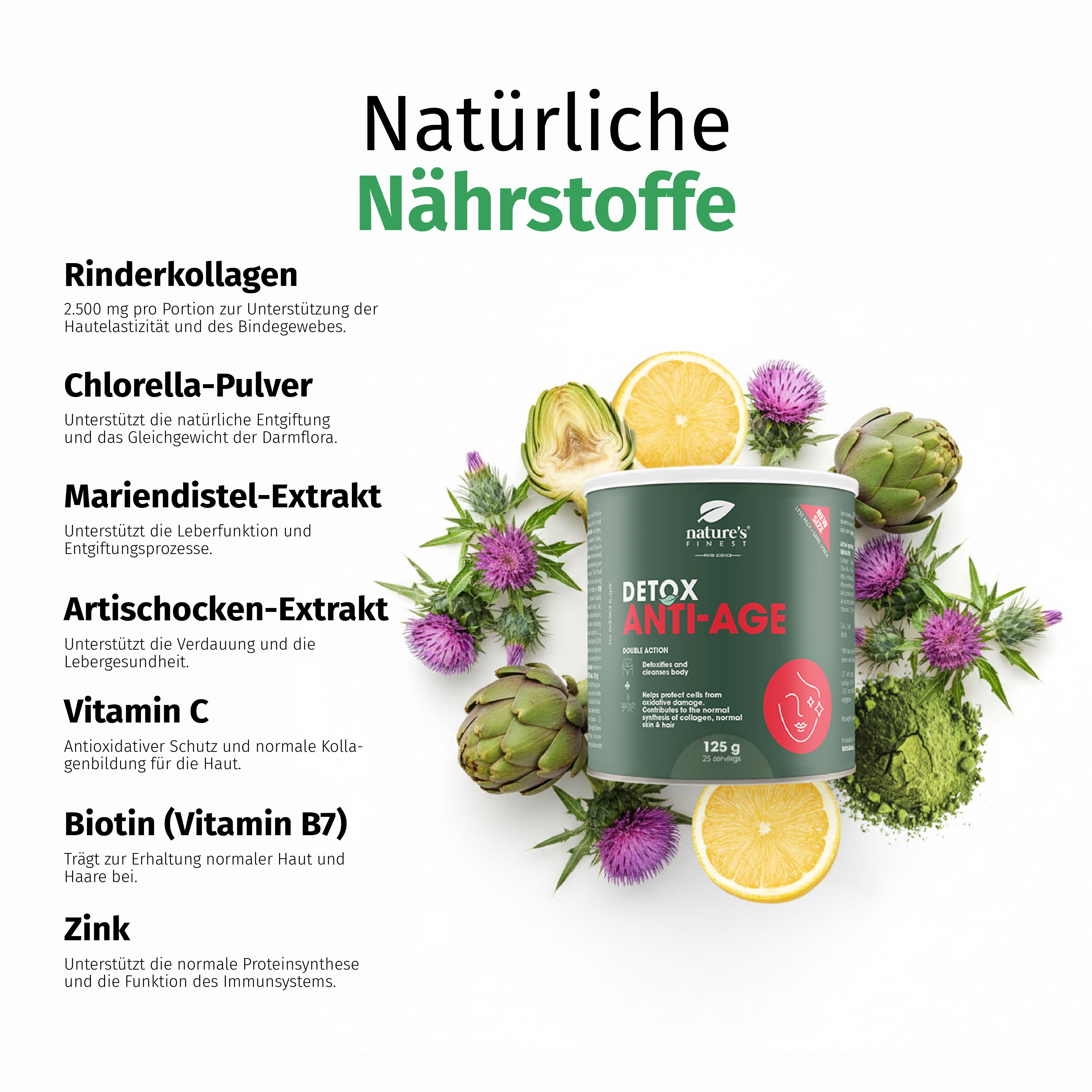 Barattolo di polvere Nature's Finest Detox Anti-Age circondato da ingredienti come collagene bovino, clorella, cardo mariano e carciofo.