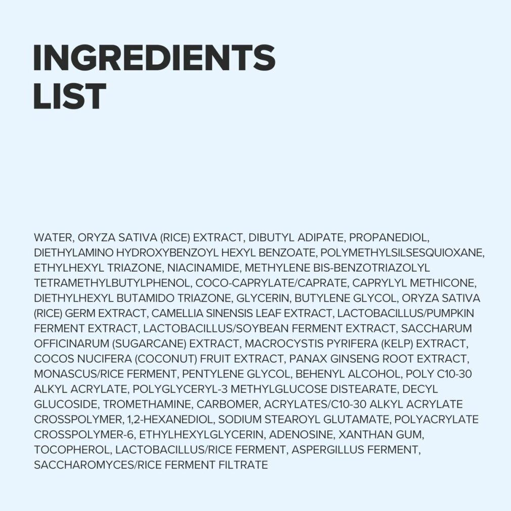 Elenco degli ingredienti. Contiene acqua, estratto di riso, niacinamide, ecc. Testo nero su sfondo bianco.