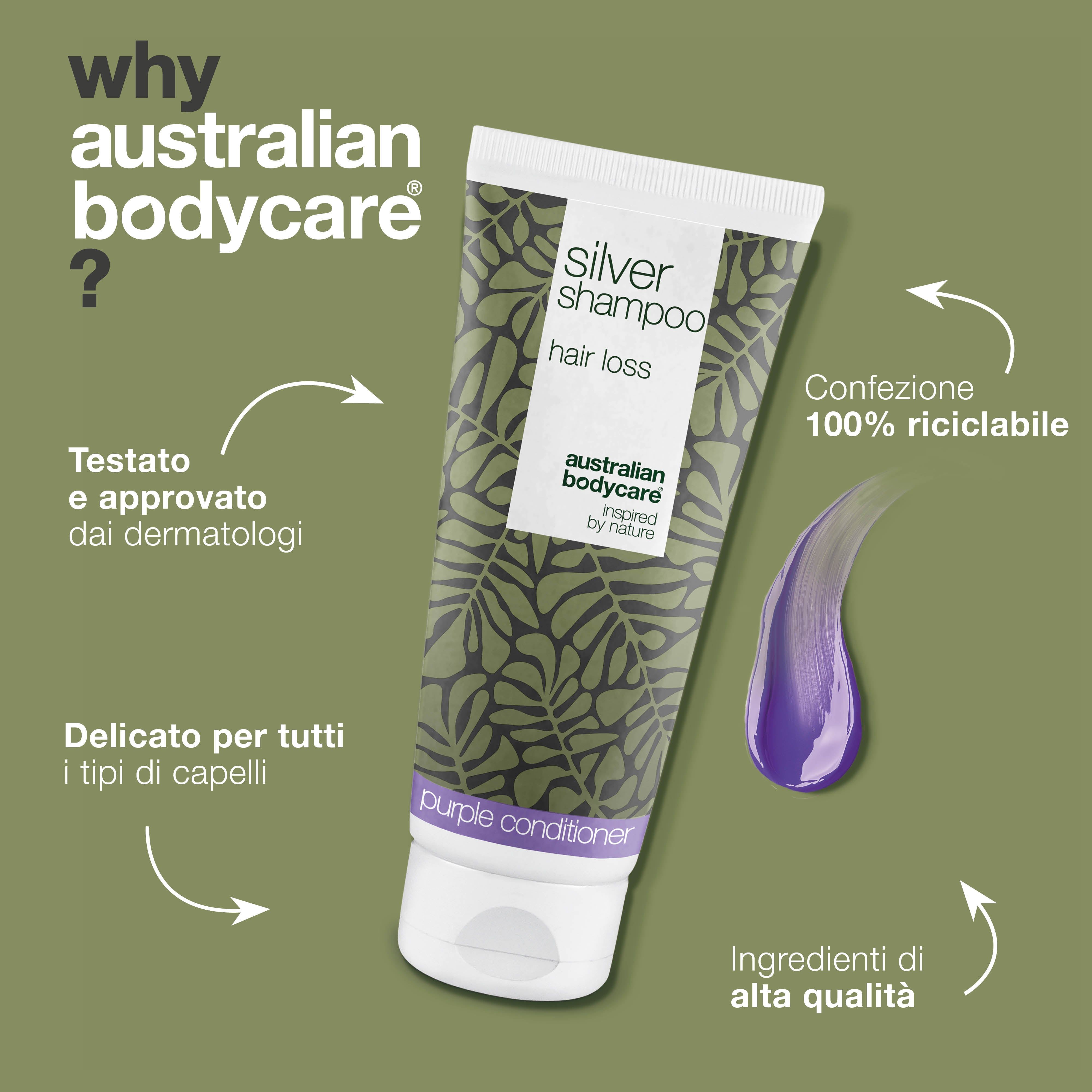 Tubo di shampoo, macchia viola, testo. Testo: dermatologicamente testato, confezione riciclabile al 100%. Marchio: Australian Bodycare.
