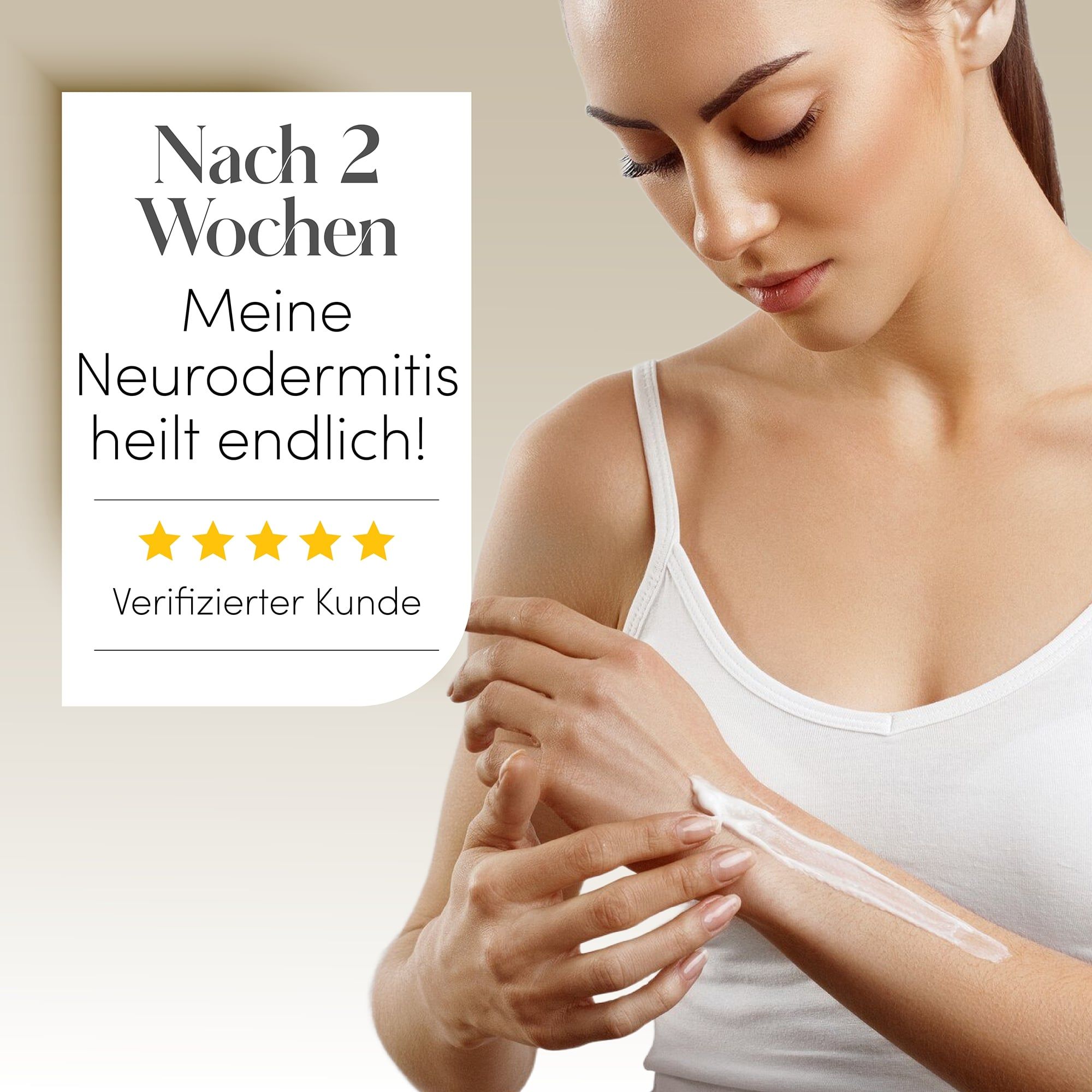 Donna applica crema. Testo: Dopo 2 settimane, la mia dermatite atopica guarisce finalmente! Cliente verificato. 5 stelle.