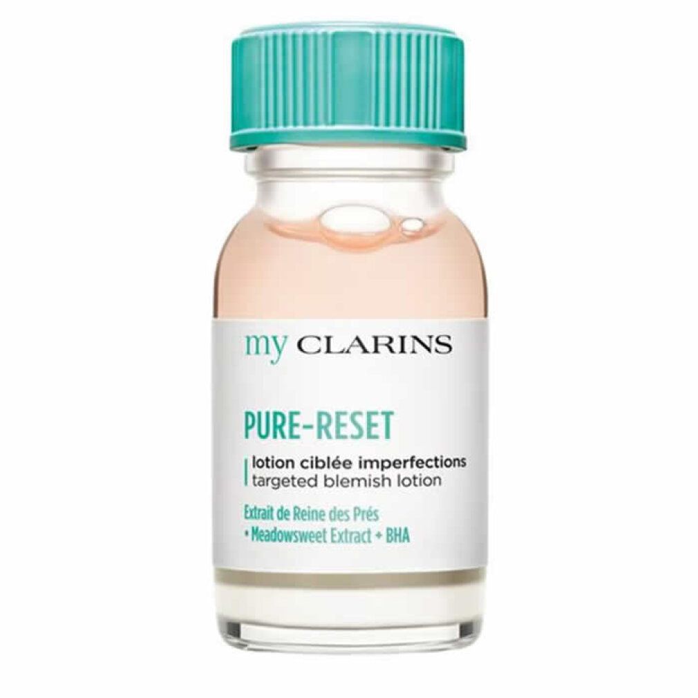 Piccolo flacone di lozione my CLARINS Pure-Reset con tappo turchese. Etichetta del prodotto con logo e nome del prodotto. Liquido visibile.