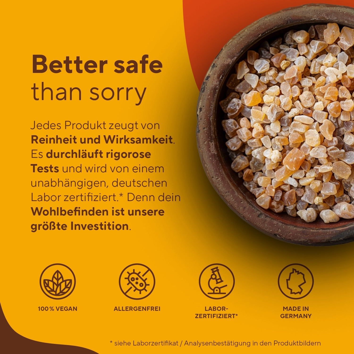 Ciotola marrone con resina. Testo: 100% vegano, senza allergeni, certificato in laboratorio, Made in Germany.