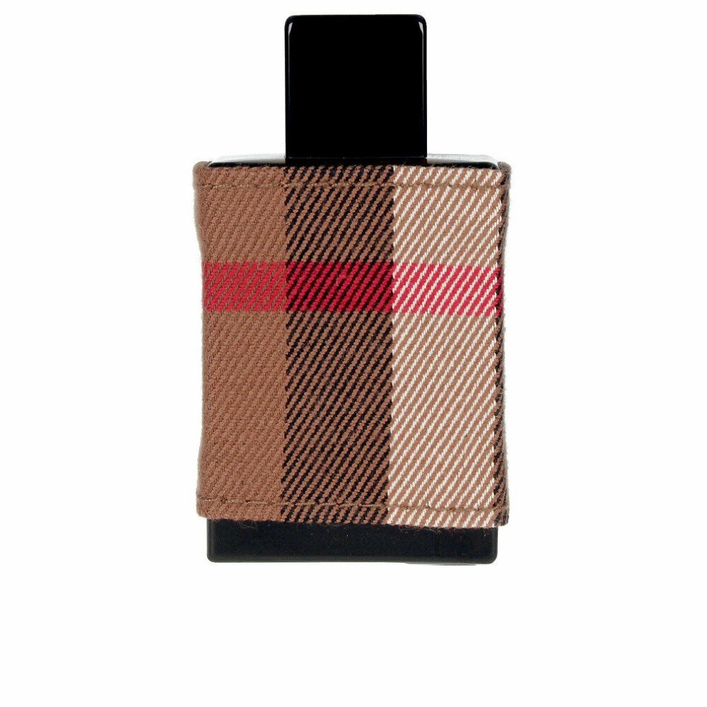 Flacone di Burberry London Men Eau de Toilette Spray. Forma rettangolare, rivestito in tessuto a quadri. Tappo nero.