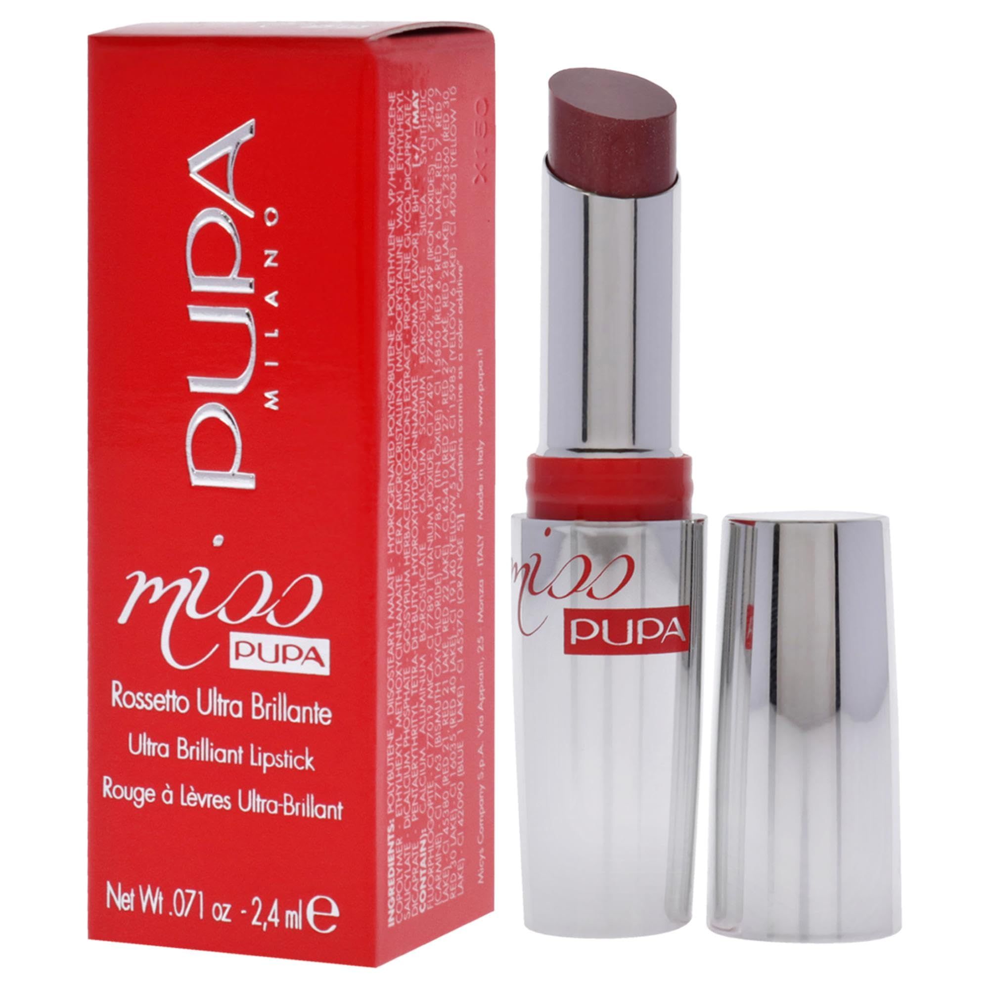 Pupa Rossetto Miss Pupa 603 con confezione rossa. Rossetto argento, aperto. Rossetto bordeaux scuro.