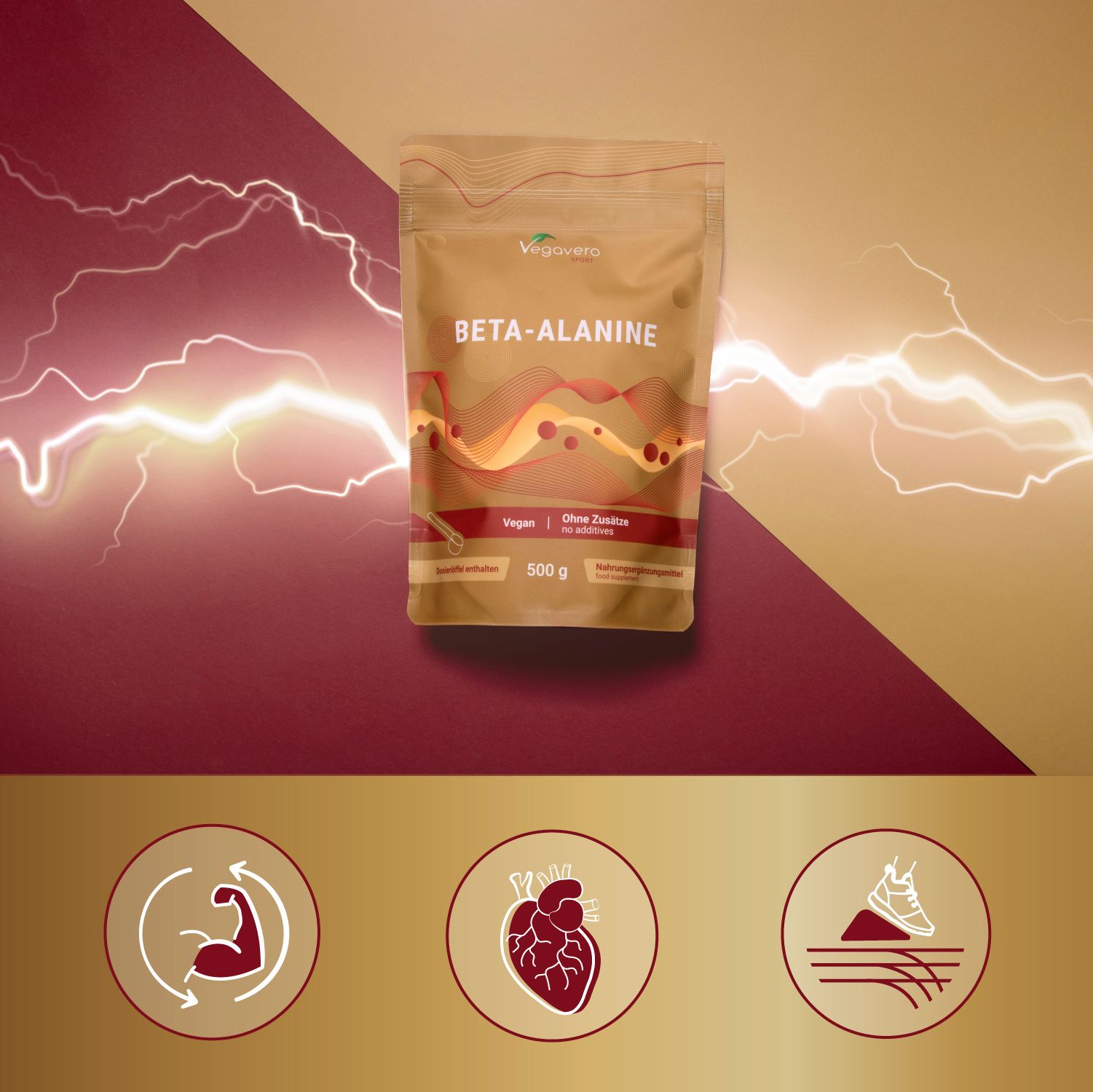 Confezione del prodotto con BETA-ALANINE. Vegano, senza additivi, 500g. Grafici: muscolo, cuore, scarpa da corsa. Sfondo con fulmini.