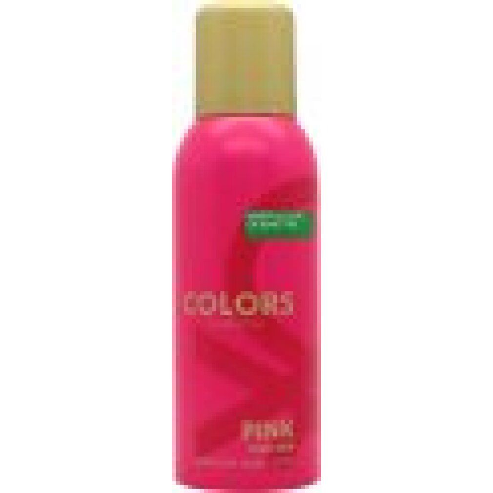 Flacone spray deodorante rosa con tappo dorato. Scritta: Colors de Benetton Pink. Logo verde.