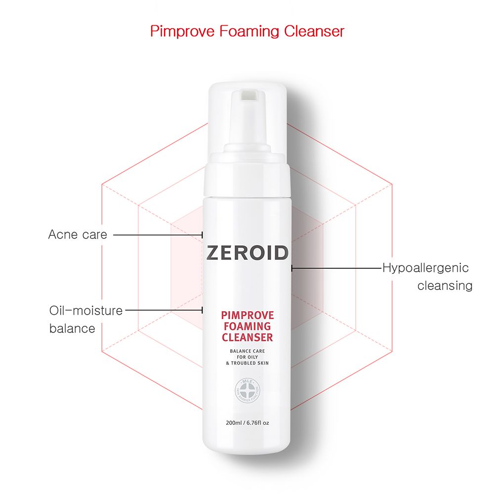 Flacone bianco ZEROID Pimprove Foaming Cleanser con pompa. Nome prodotto e testo. Diagramma con termini come cura dell'acne.