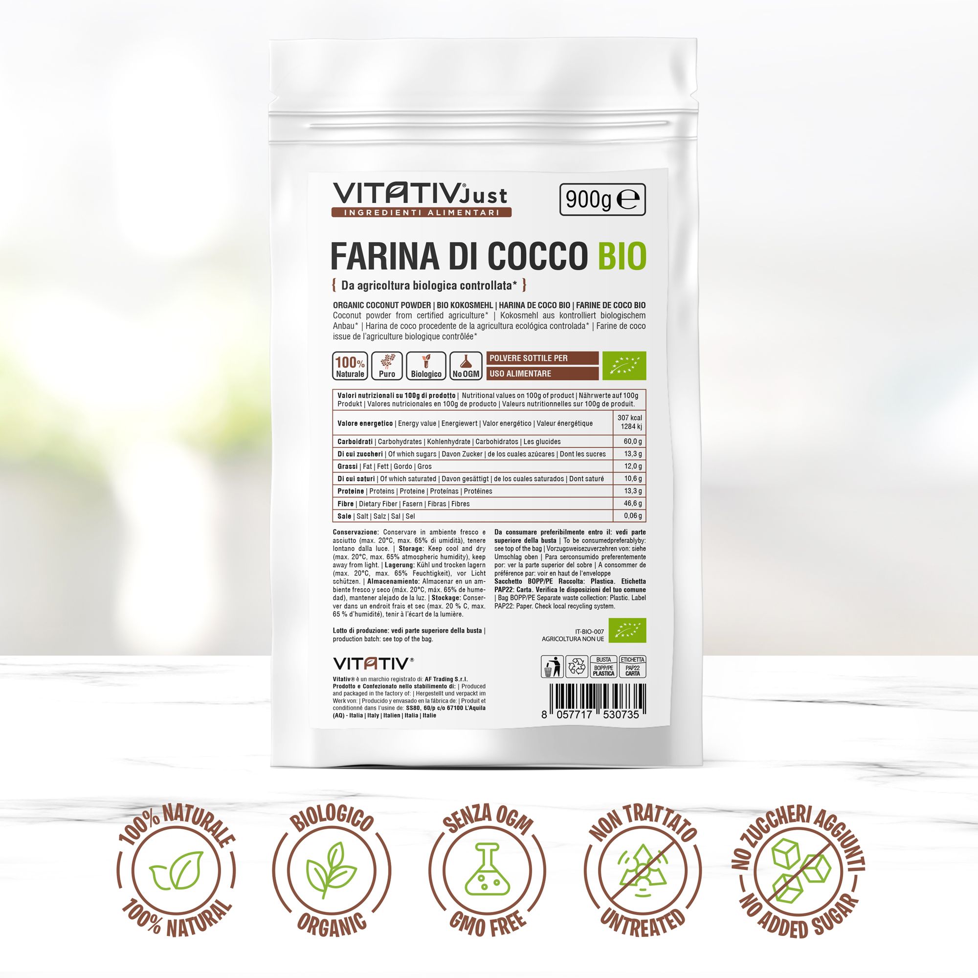 Vitativ® Farina di Cocco da Coltivazione Biologica, Fibre e Sali Minerali, Senza Zuccheri Aggiunti