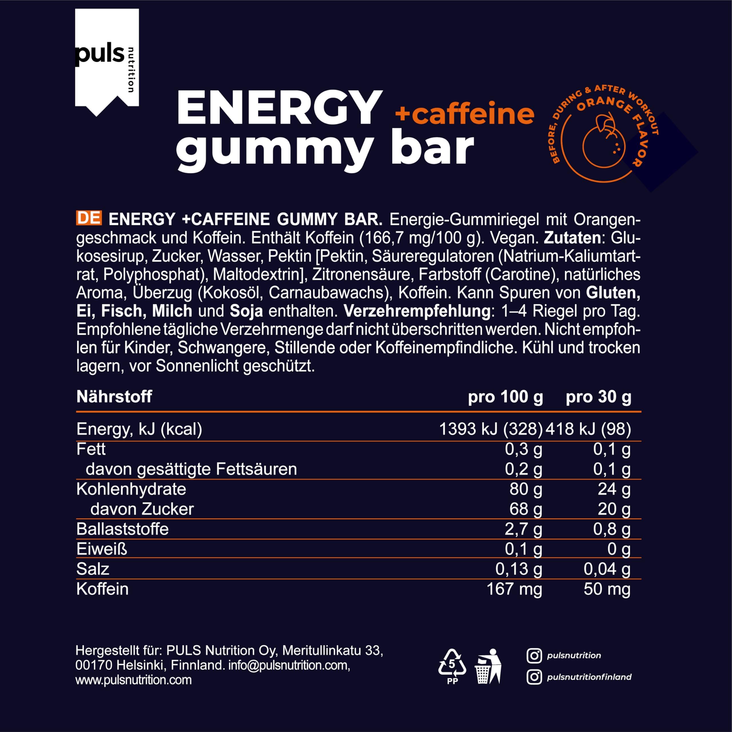 Informazioni nutrizionali Barretta energetica Puls: 24g carboidrati, 50mg caffeina per barretta da 30g.