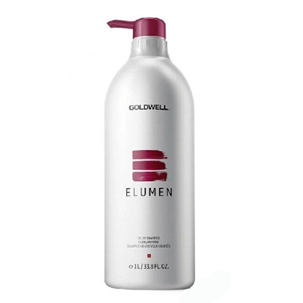 Flacone di shampoo bianco con dosatore. Testina rossa. Logo Goldwell e scritta Elumen. 1L/33.8 fl.oz.