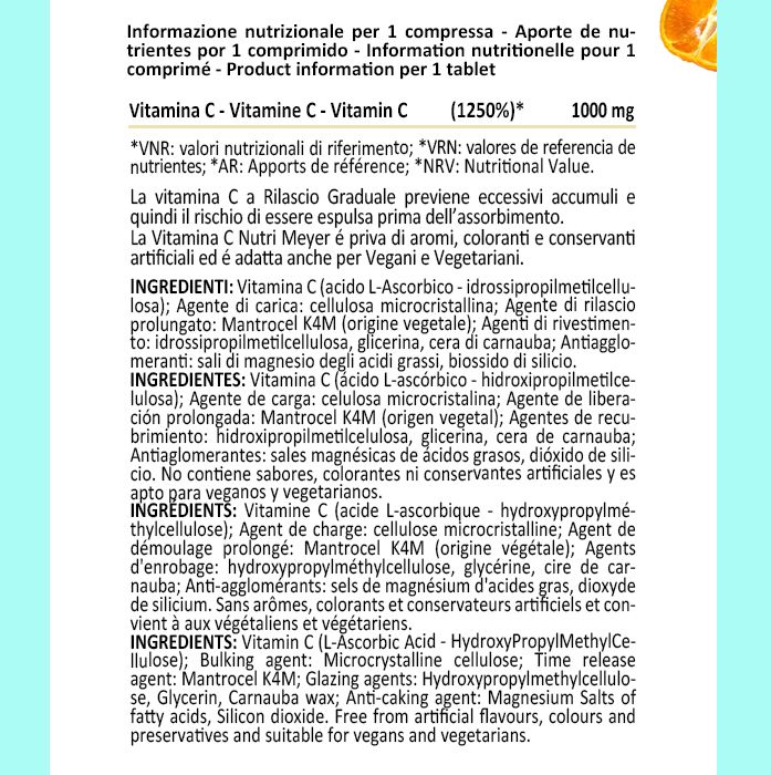 Testo con informazioni nutrizionali per 1 compressa. Contiene informazioni sulla vitamina C e sugli ingredienti.