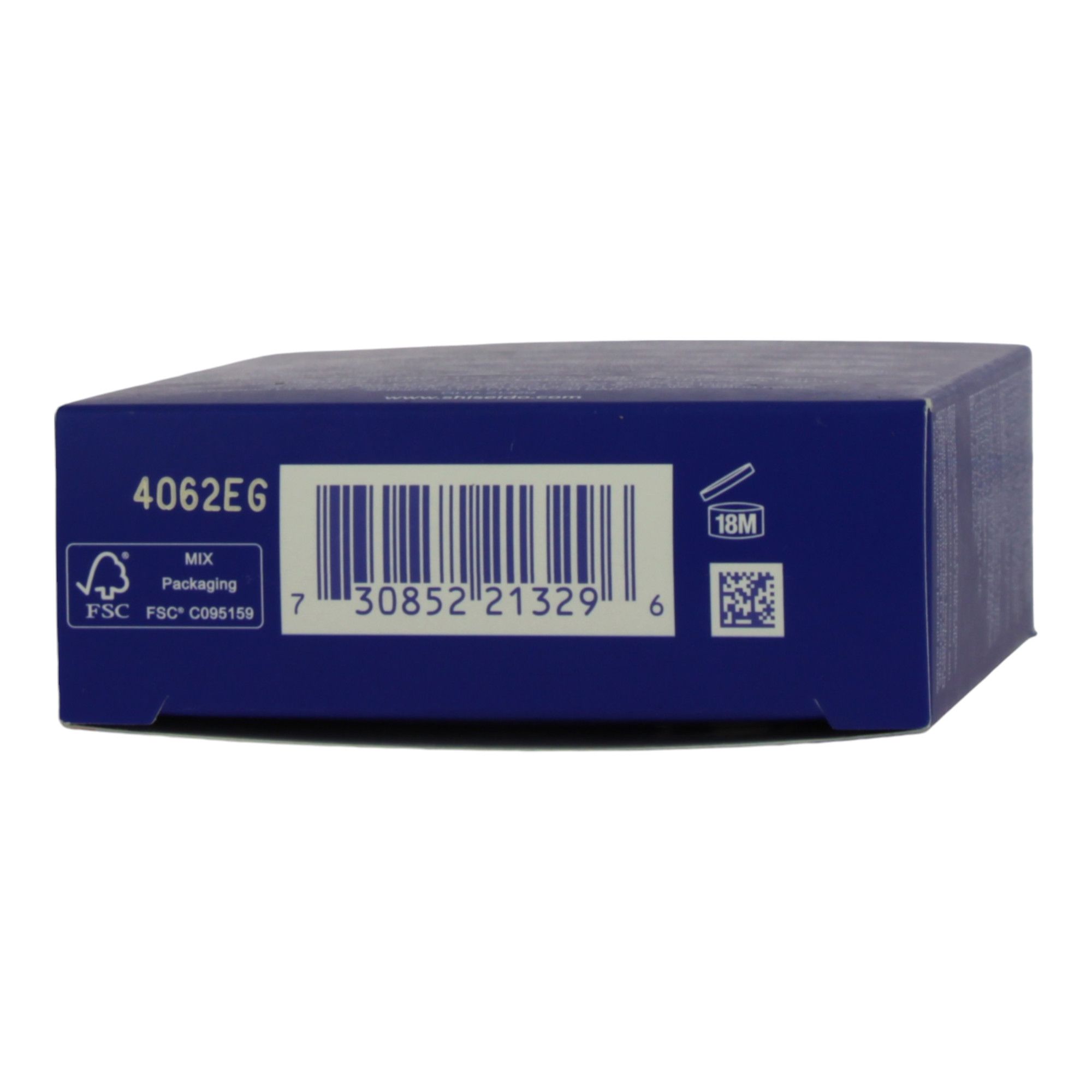 Scatola blu scuro. Codice a barre, logo FSC, simbolo 18M. Stampa: 4062E6.