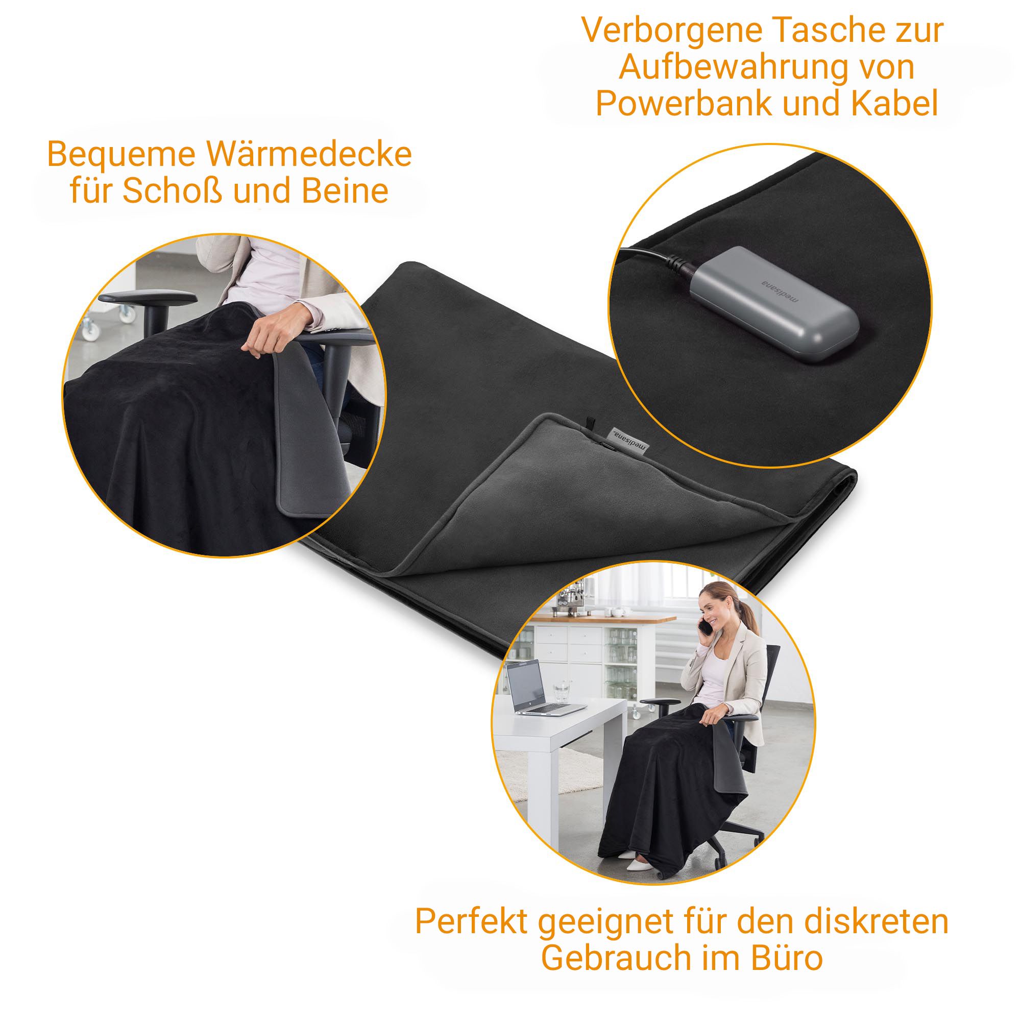 Coperta termica nera con pannello di controllo integrato e tasca nascosta per power bank.