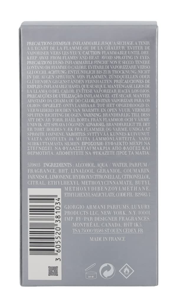 Retro della confezione grigia. Testo multilingue. Codice a barre e avvertenze.