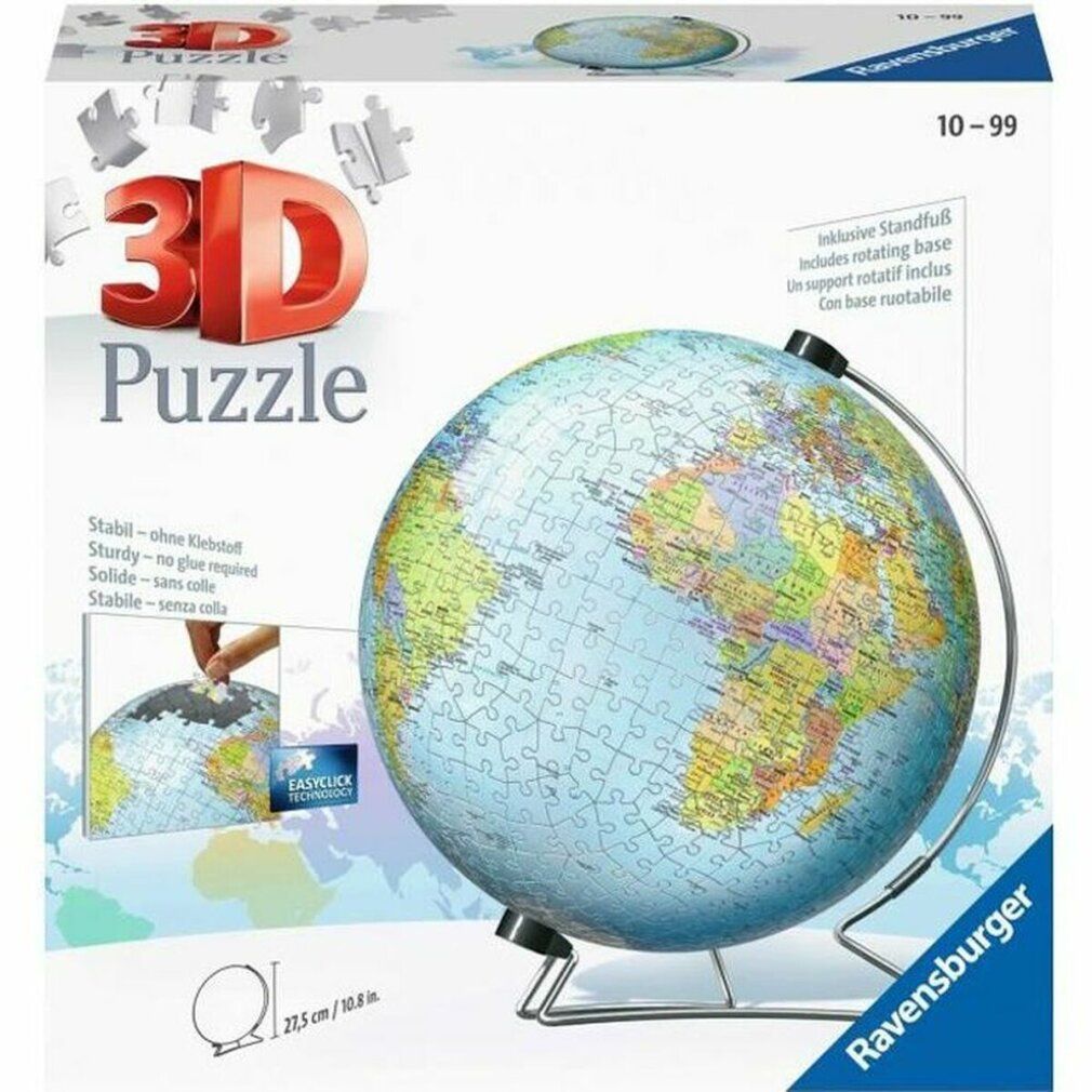 Puzzle 3D Globo con base. Confezione con immagine e testo del prodotto. Marchio Ravensburger. Diametro 21,5 cm.
