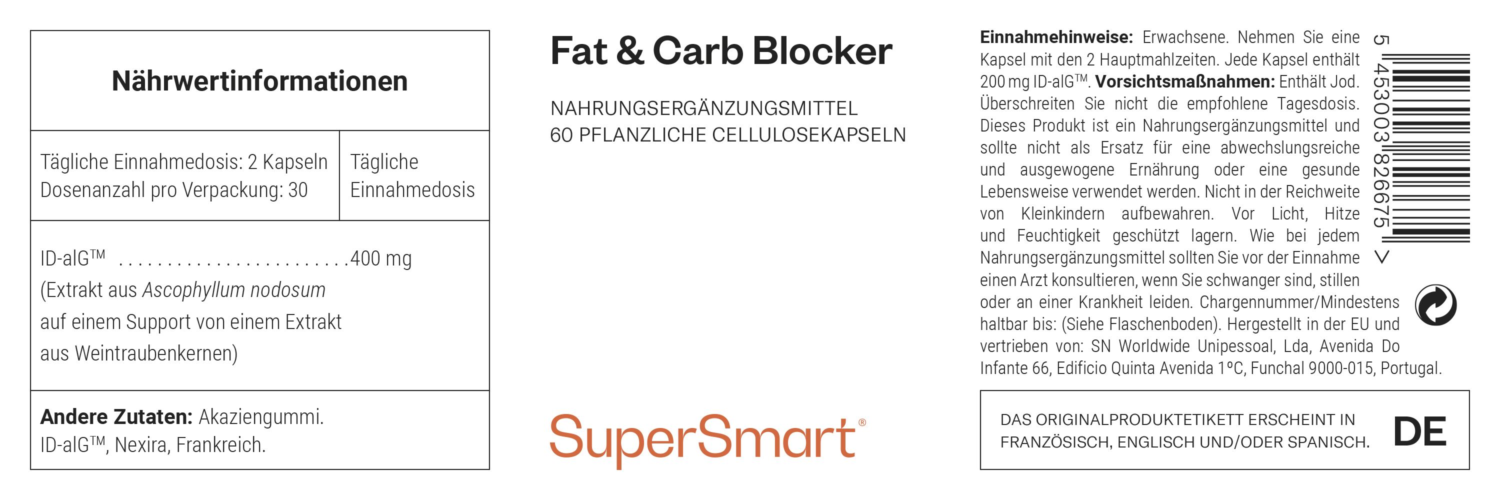 Integratore alimentare Fat & Carb Blocker con 60 capsule vegetali in cellulosa.