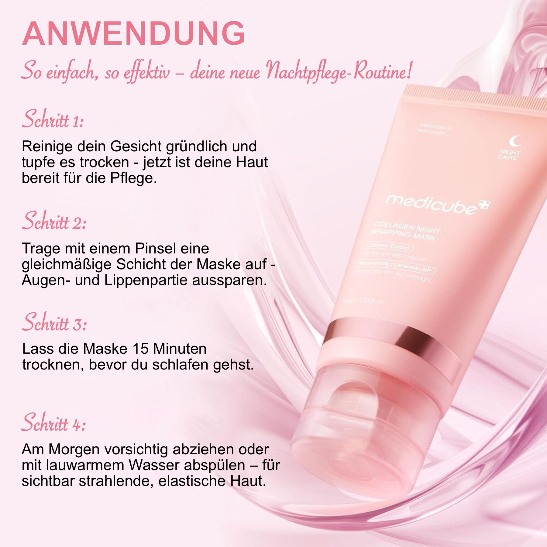 Fasi di applicazione della Medicube Collagen Night Wrapping Mask. Fasi 1-4. Raffigurato: tubo, pennello. Testo: pulire, applicare, lasciare asciugare, rimuovere.