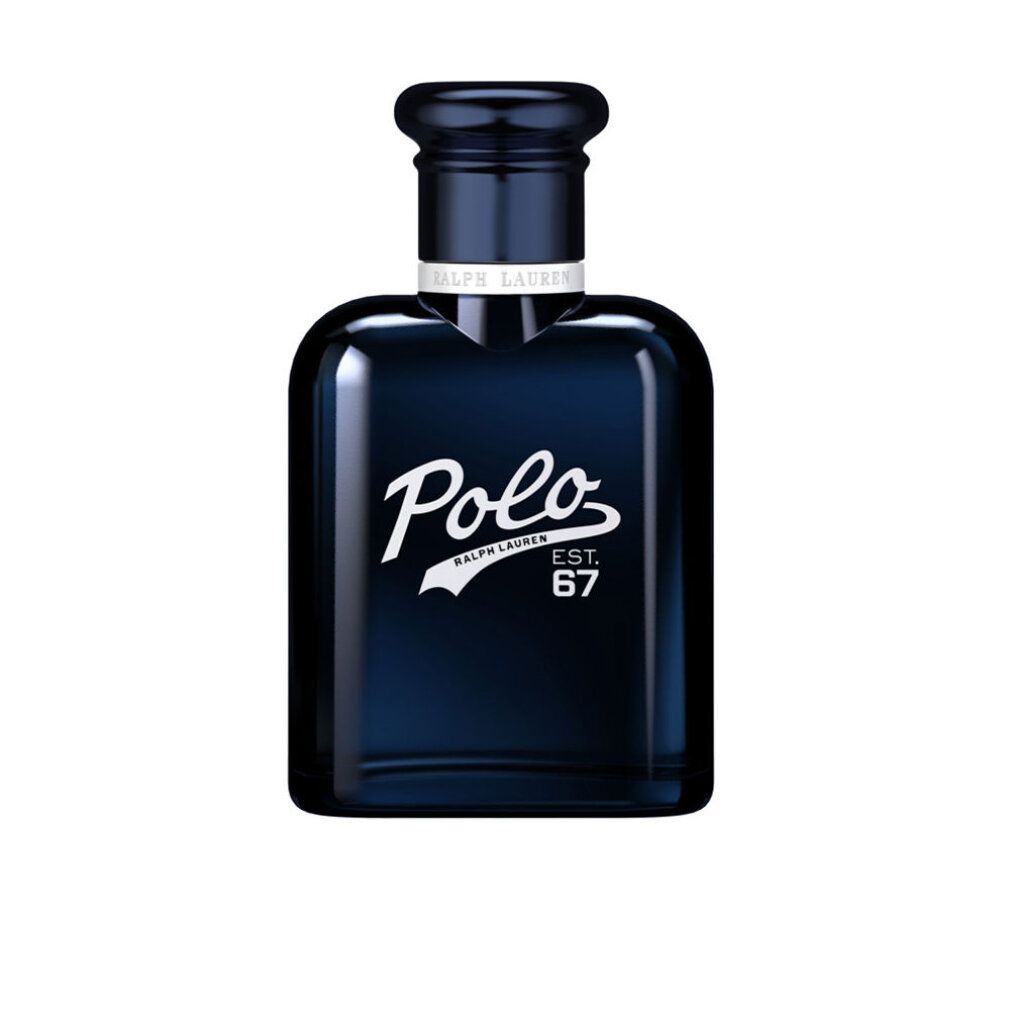 Flacone blu scuro con scritta bianca "Polo" e "RALPH LAUREN EST. 67". Tappo nero.