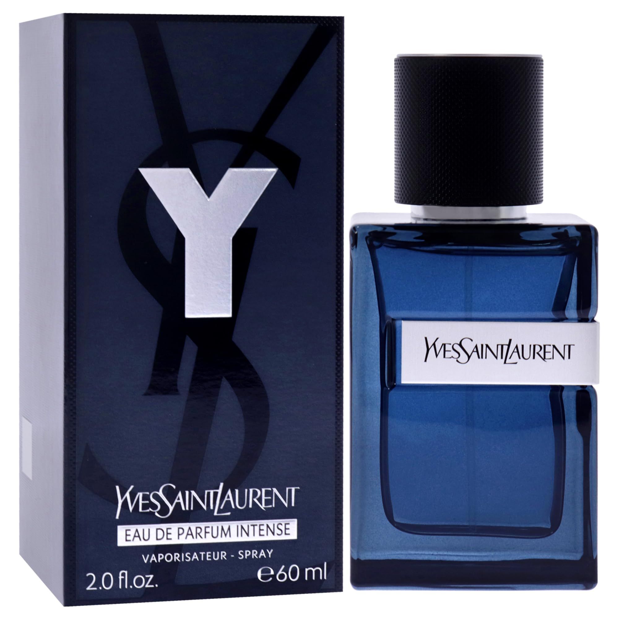 Flacone e scatola blu. YSL Y Intense Eau de Parfum Spray. Tappo nero. 60 ml.