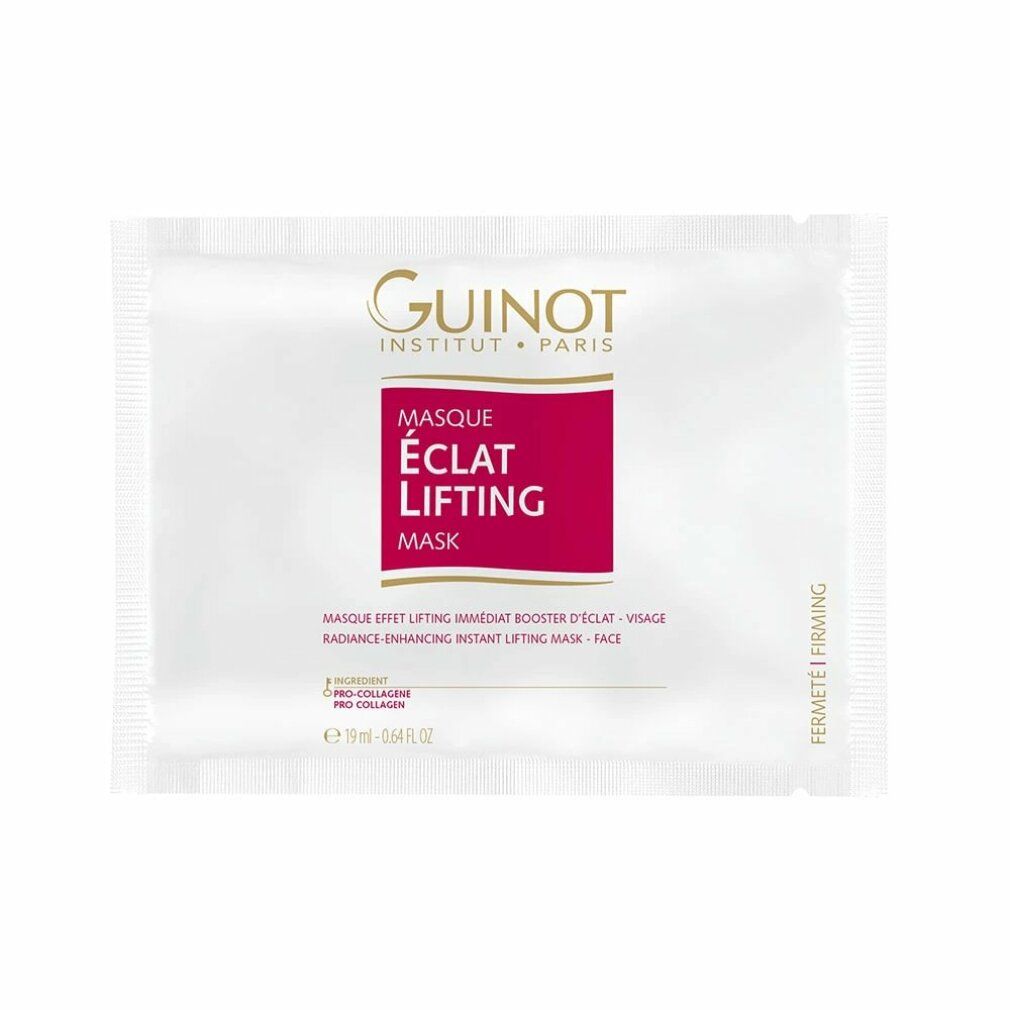 Maschera Guinot Masque Eclat Lifting. Bustina bianca con rettangolo rosso e informazioni sul prodotto. Testo: Lift Firming. E19ml. Pro-Collagen. Fermeté & Firming.