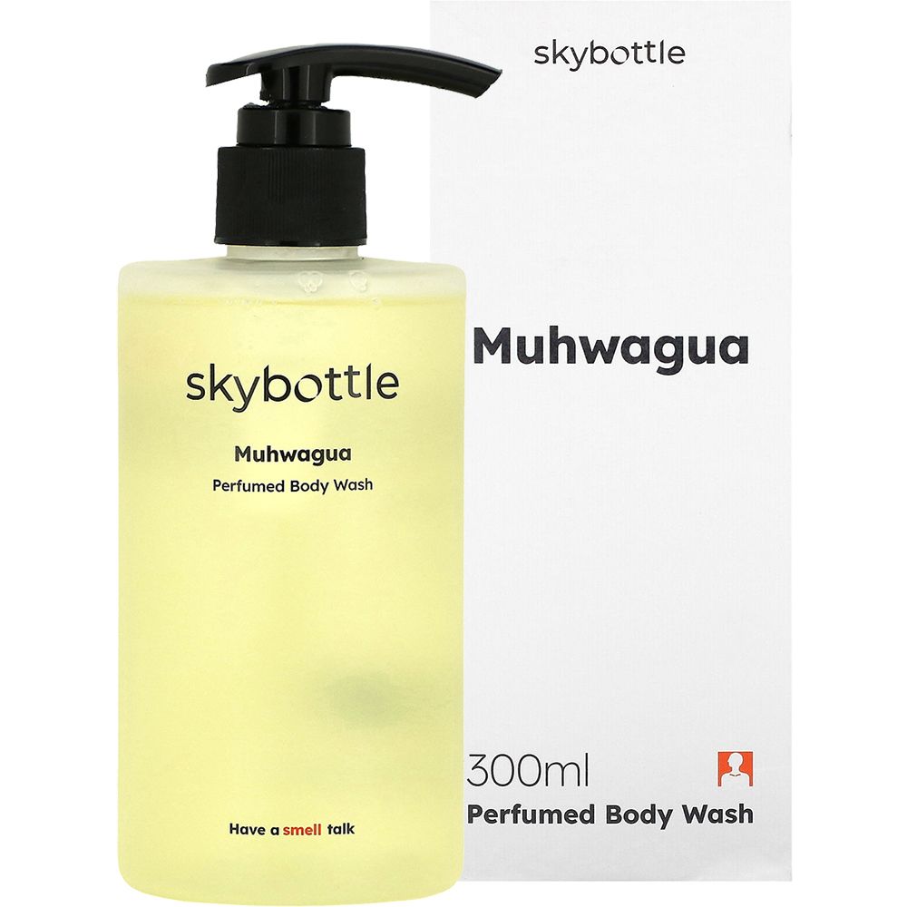 Gel doccia SKYBOTTLE Muhwagua con confezione. Flacone con erogatore nero, testo.