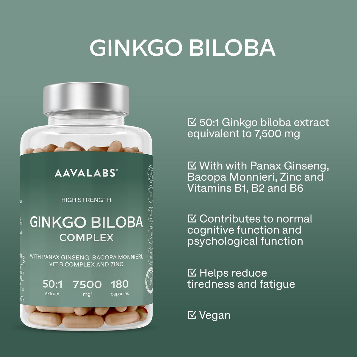Aavalabs Ginkgo Biloba Complex. Flacone. 180 capsule. Ginkgo, Panax Ginseng, Bacopa Monnieri, Vitamina B e Zinco. Vegano.