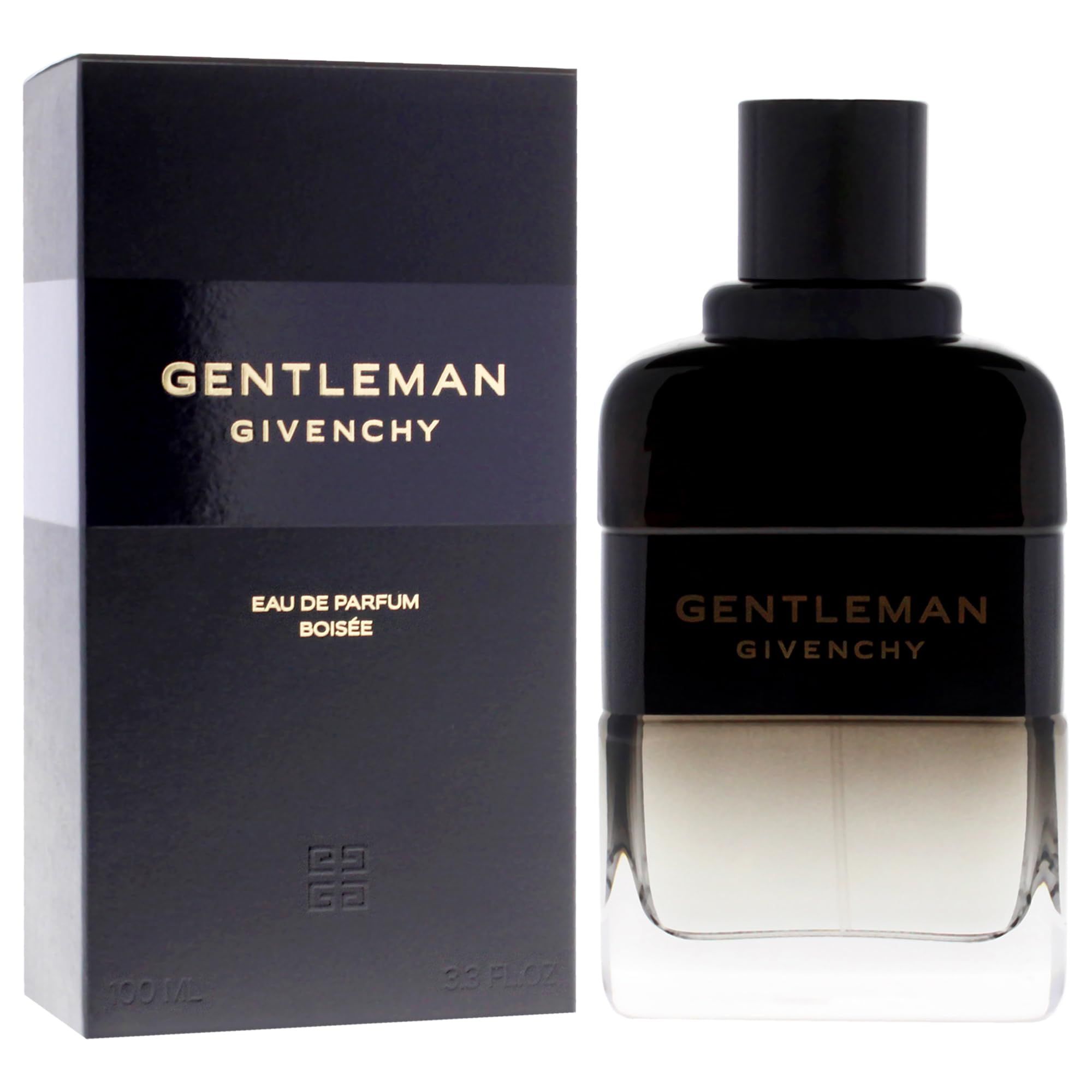 Flacone e confezione neri. Scritta: GENTLEMAN GIVENCHY, Eau de Parfum Boisée. Flacone con tappo nero.